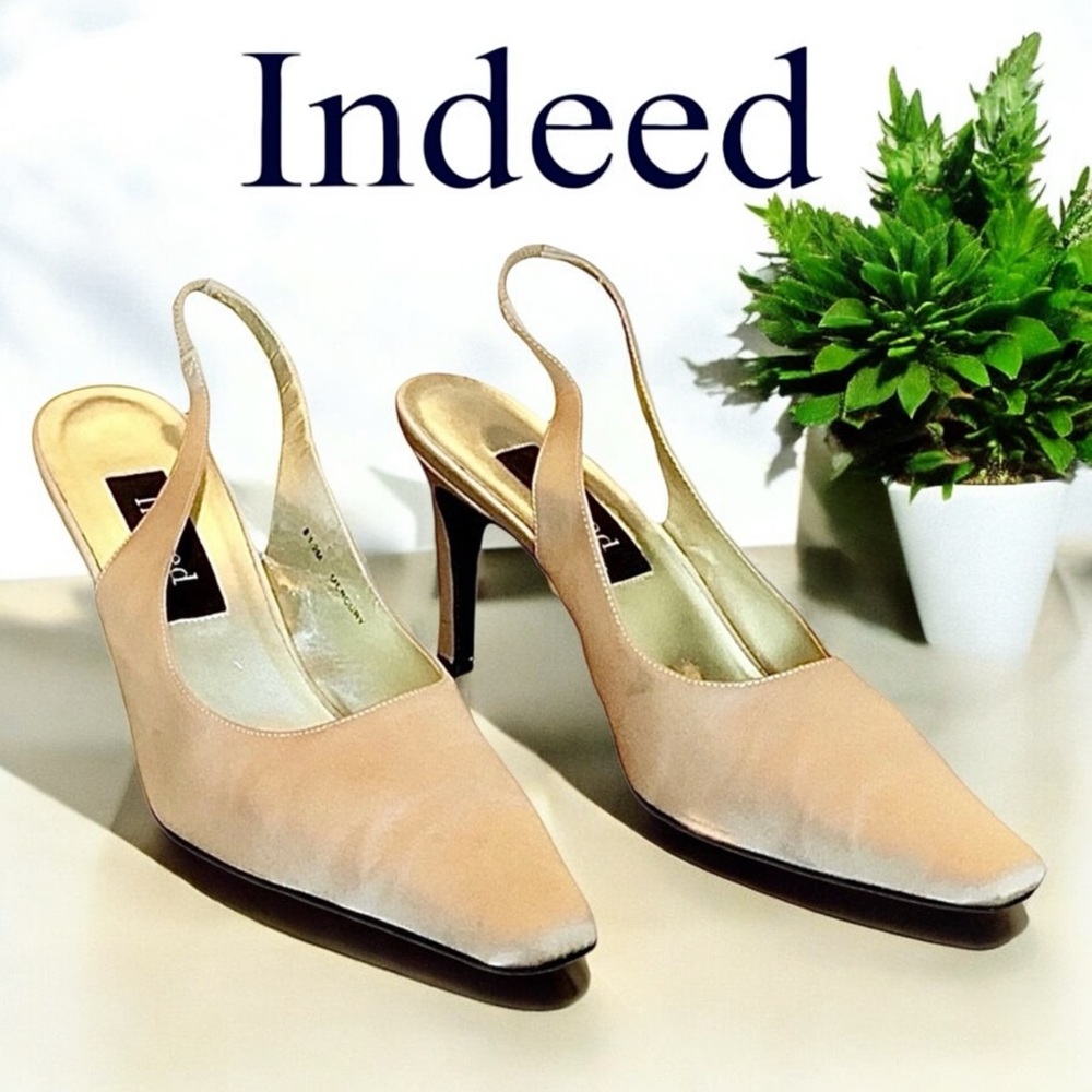 Indeed “Mercury” Gold Satin Fabric Slingback Heels